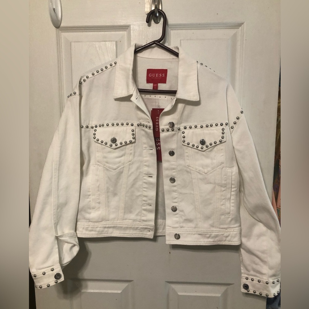NWT GUESS White Denim Jacket with Stud Accents